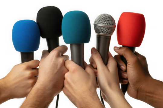 Many hands holding colorful microphones for a press conference or interview. Isolated on transparent background