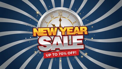 Exciting new year sale with a vintage clock and up to seventy percent off discount offer