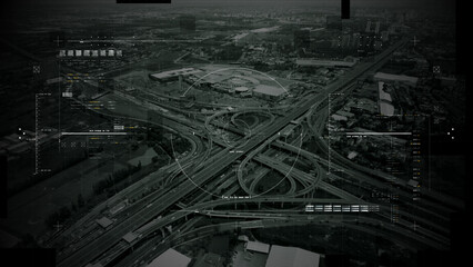 Aerial surveillance, military reconnaissance view of a complex highway interchange with HUD...