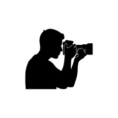 A bold black silhouette of a photographer, side view, actively taking a photo with a DSLR camera. Clean, minimal vector style, perfect for photography-related designs.