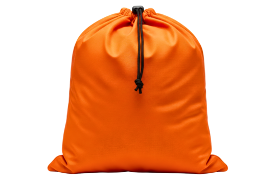 Bright orange fabric drawstring bag for storage or travel isolated on transparent background