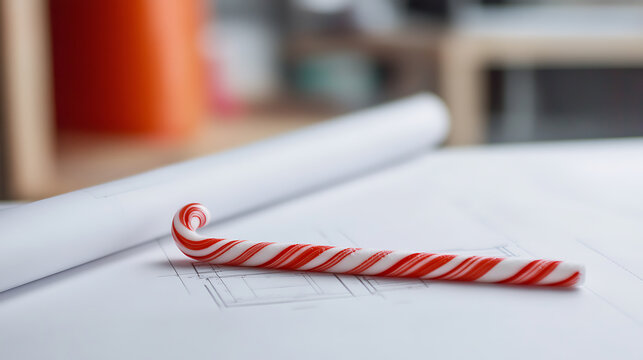 Festive blueprints: a candy cane resting on architectural plans. Sweet design meets holiday cheer in this creative workspace. A joyful blend of work and celebration! - Powered by Adobe