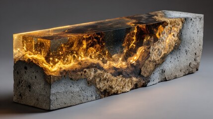 This stone and resin block showcases natural patterns and vibrant colors in a stunning material fusion