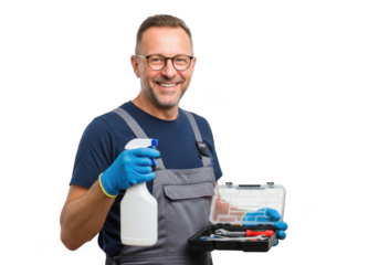 Smiling man in work overalls and gloves holding cleaning spray bottle and tool kit isolated on transparent background