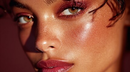Woman with glossy lips and glowing skin