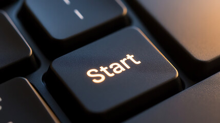 Close-up of a black computer keyboard featuring a prominent 'Start' key. The image showcases a sleek, modern design, hinting at technology, innovation, and the beginning of a process.