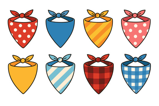 Dog bandana icon set. Dog bandana vector set. Triangular fabric dog bandanas with polka dot, plaid, and stripe patterns. Design for sticker, card, banner, invitation.