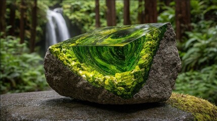 A vibrant green resin block set on a stone base captures the beauty of nature amid a forest with a flowing waterfall