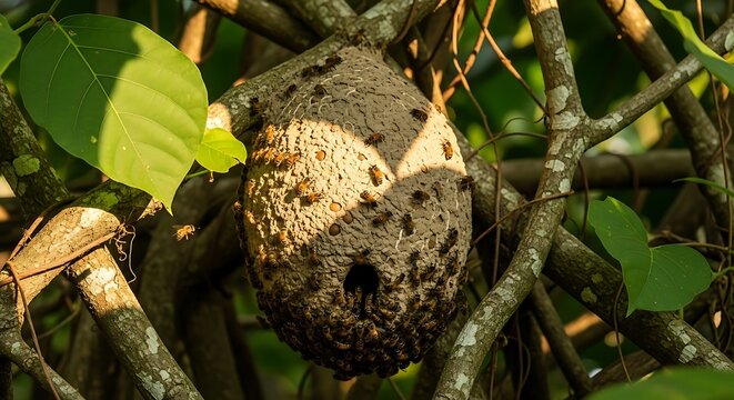 A close-up shot of a wasp nest hanging from a tree branch, surrounded by green leaves.