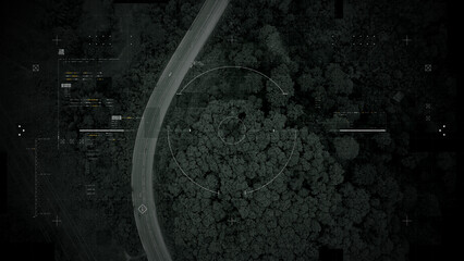 Aerial surveillance, military reconnaissance view of a complex highway interchange with HUD targeting graphics, creating a cinematic spy-drone atmosphere and intelligence-operation mood