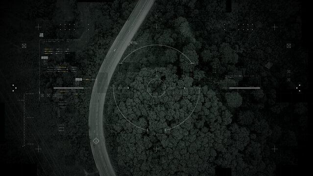 Aerial surveillance, military reconnaissance view of a complex highway interchange with HUD targeting graphics, creating a cinematic spy-drone atmosphere and intelligence-operation mood - Powered by Adobe