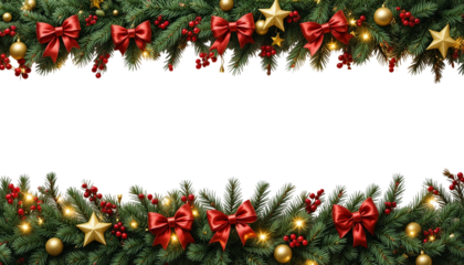 Christmas border with red and green balls. green christmas tree branches on border isolated on transparent background