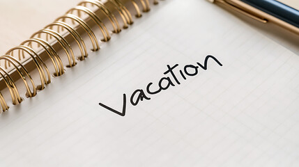 Dreaming of far-off places: Capture the essence of planning a trip! Open notebook with spiral binding and "Vacation" written in bold, setting the stage for adventure.