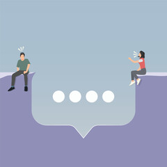 A modern flat vector illustration depicting a man and woman sitting on opposite edges of a large chat bubble