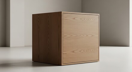Minimalist Wooden Cube in a Bright Studio Setting.