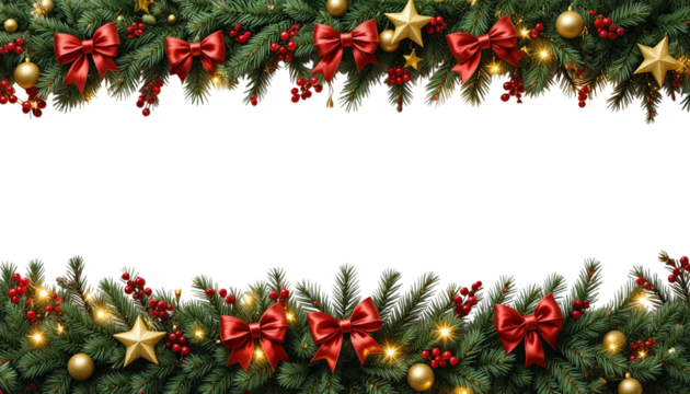 Christmas border with red and green balls. green christmas tree branches on border isolated on transparent background - Powered by Adobe