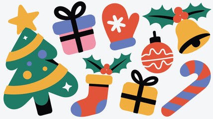 Festive Christmas Icons Tree Gifts Mitten Holly Ornament Bell and Candy Cane