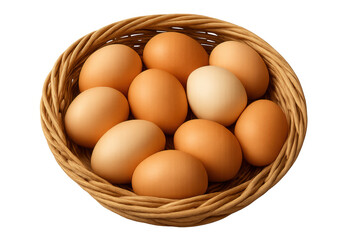 Farm fresh brown and one white egg filling a woven wicker basket from an overhead view on transparent background