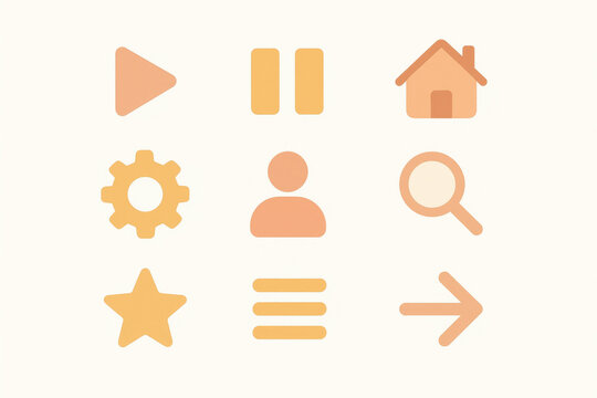 Icônes pastel minimalistes pour interface, lecture, pause, retour, maison, réglages, profil, recherche, favoris, menu, design simple et moderne