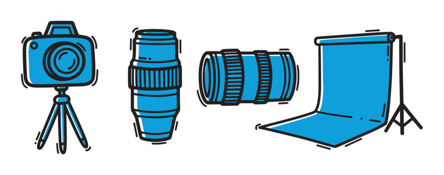 A collection of essential photography equipment including a camera on a tripod, two different lenses, and a studio seamless paper stand, rendered in a simple blue and black doodle style