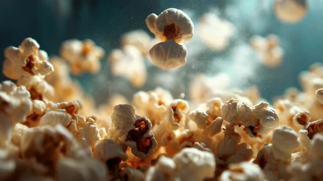 Close-up of popped popcorn kernels in mid-air. The scene captures the light and texture of the fluffy snack, emphasizing its white color and irregular shapes.
