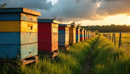 Row of colorful wooden beehives stand in summer meadow with sunset light. Hives create path in green grass field near fence. Apiary produces honey and beeswax on nature farm.