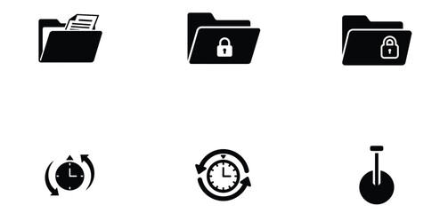 Collection of folder, lock, clock, and pizza cutter icons isolated on transparent background
