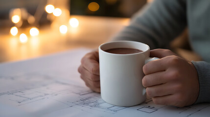 Relax with cocoa while reviewing architectural plans. Warm light and the cozy beverage inspire creativity and focus on building designs. #architecturaldesign