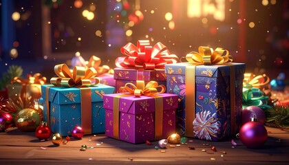 A festive tabletop with wrapped gifts in vibrant paper, shiny bows, confetti stars, and blurred holiday lights.