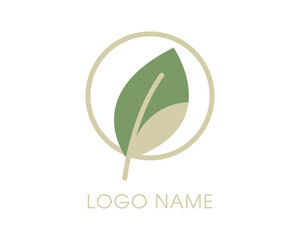 Minimal eco leaf emblem inside round frame, modern green organic brand logo, clean natural identity mark for wellness, beauty, spa and sustainable products. Vector illustration.
