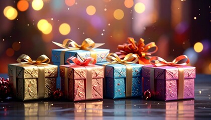 A festive tabletop with wrapped gifts in vibrant paper, shiny bows, confetti stars, and blurred holiday lights.