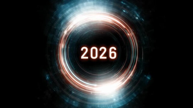 Futuristic Digital Year 2026 Countdown with Circular Data Visualization in Space Environment