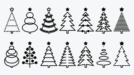 Set of minimalist Christmas tree illustrations in vector style flat design