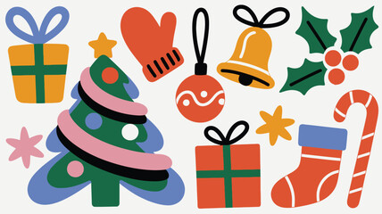 Colorful and Playful Christmas Holiday Icons and Graphic Elements Arrangement