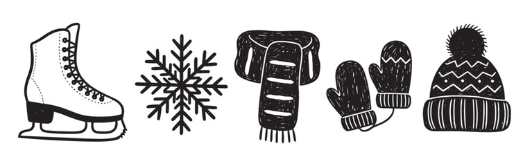 Fototapeta na wymiar A charming collection of hand-drawn winter icons, including an ice skate, snowflake, scarf, mittens, and a beanie hat, rendered in a simple black and white doodle style