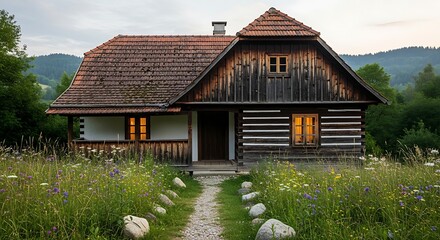 Rustic Log Cabin in a Meadow at Dusk.