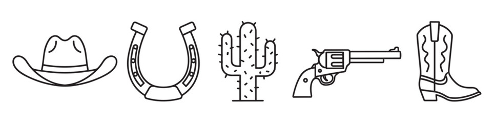 A set of five minimalist outline icons representing the Wild West, featuring a hat, horseshoe, saguaro cactus, classic pistol, and a traditional cowboy boot