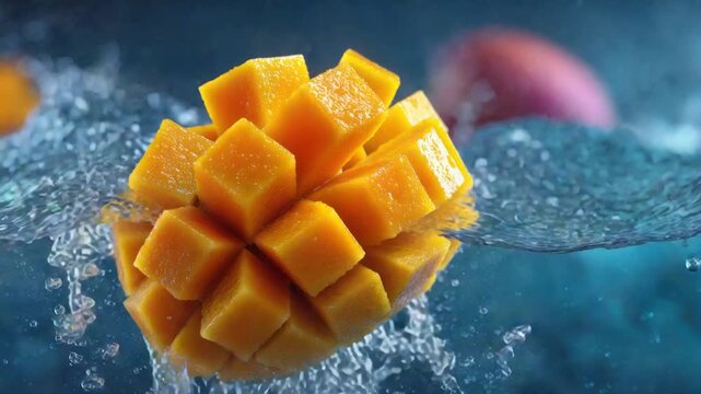 Cubed mangoes in water, splashing against a blurred, blue backdrop, with whole mango nearby