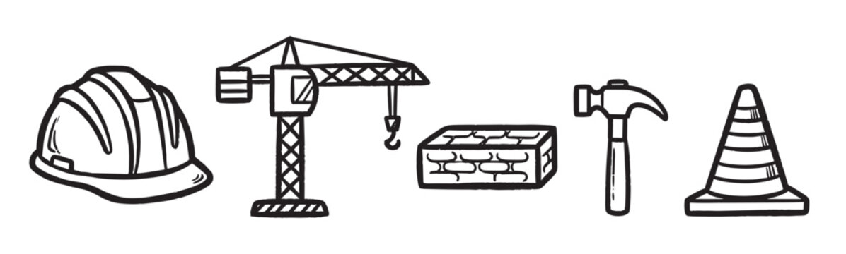 A set of hand-drawn construction icons including a hard hat, tower crane, bricks, a hammer, and a traffic cone, all illustrated in a simple black and white doodle style