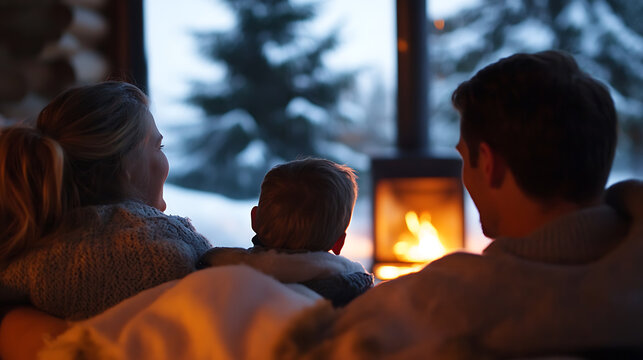 Cozy family moment by the fireplace, watching snow fall outside. A peaceful winter scene with warmth and togetherness, creating lasting memories at home.