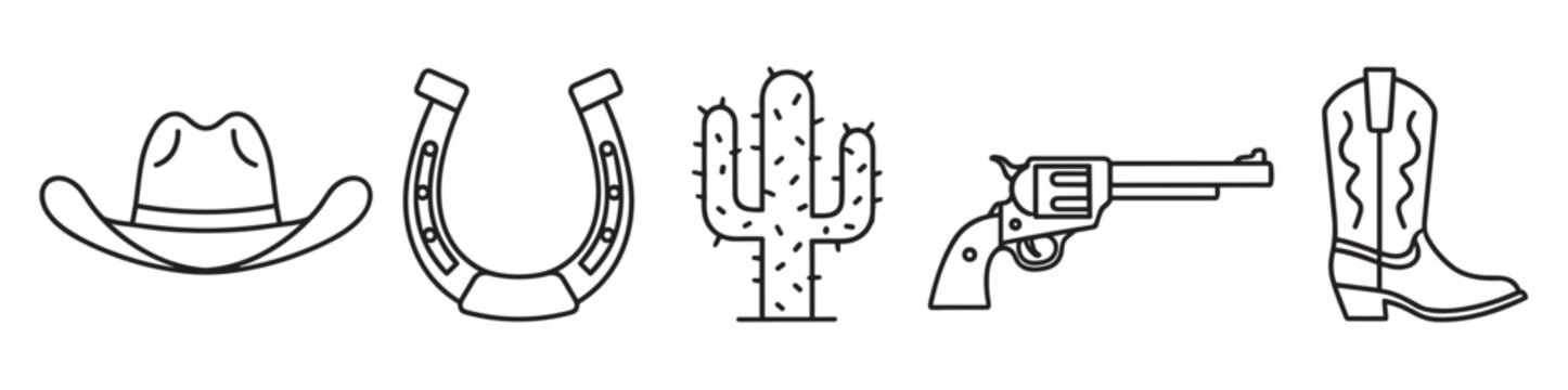 A set of five minimalist outline icons representing the Wild West, featuring a hat, horseshoe, saguaro cactus, classic pistol, and a traditional cowboy boot