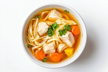 Top view of a bowl of chicken noodle soup on a flat white background...