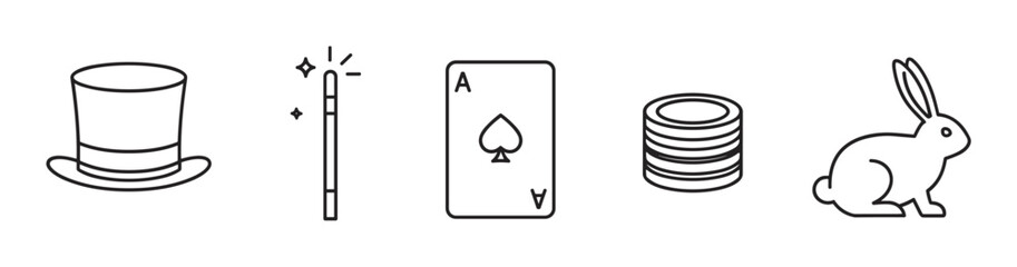 Obraz premium A minimalist black line art icon set featuring a magician's top hat, sparkling wand, ace of spades card, poker chips, and a rabbit for illusion and entertainment concepts