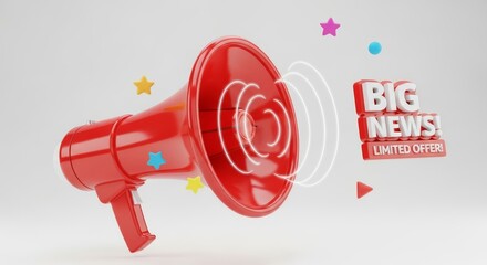 A red megaphone making a loud announcement for big news and a limited offer, representing a marketing promotion or important alert