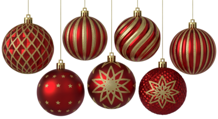 A collection of seven red and gold christmas ornaments with various patterns, hanging and isolated on a transparent background