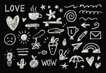Chalkboard. Doodle. Love. A hand drawn vector chalk set of various lifestyle and travel icons for a social media post, a t-shirt design, a sticker, or a creative background design.