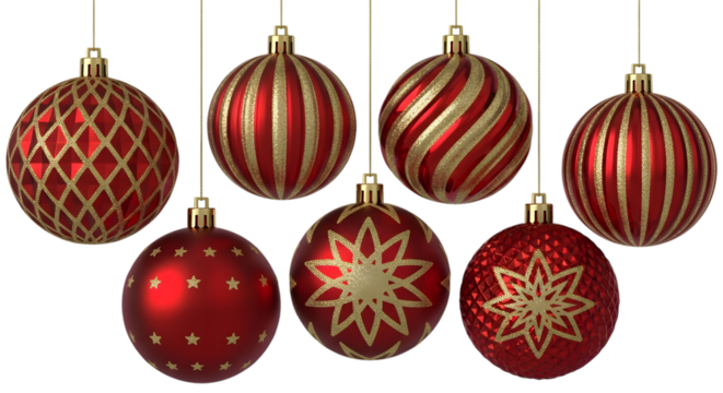 A collection of seven red and gold christmas ornaments with various patterns, hanging and isolated on a transparent background
