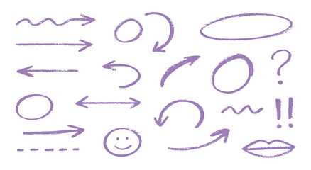 Marker. Arrow. Hand Drawn. A purple vector set of various arrows, circles, and punctuation with a marker texture for a creative infographic, a presentation, or a design element project.