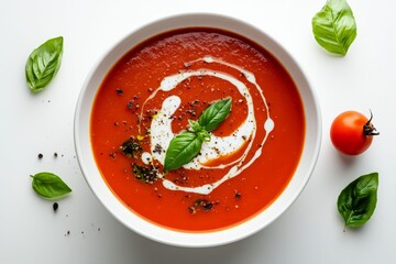 Top view of a bowl of classic tomato soup on a flat white background...