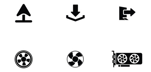 Set of upload, download, exit, fan and graphic card icons isolated on transparent background